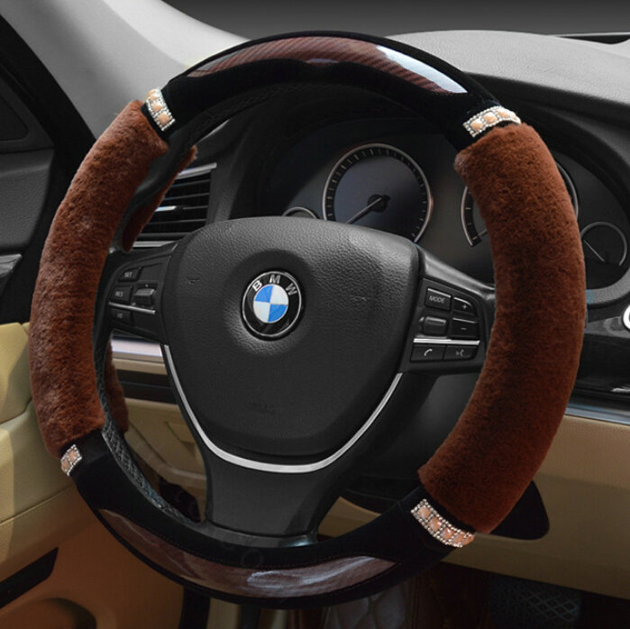 Luxury Diamond Carbon Fiber Skin Car Steering Wheel Wrap Velvet 15 Inch 38CM - Brown