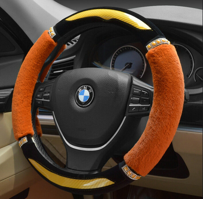 Luxury Diamond Carbon Fiber Skin Car Steering Wheel Wrap Velvet 15 Inch 38CM - Orange
