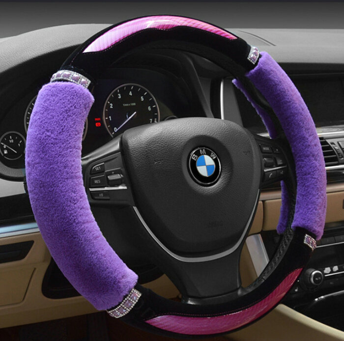 Luxury Diamond Carbon Fiber Skin Car Steering Wheel Wrap Velvet 15 Inch 38CM - Purple