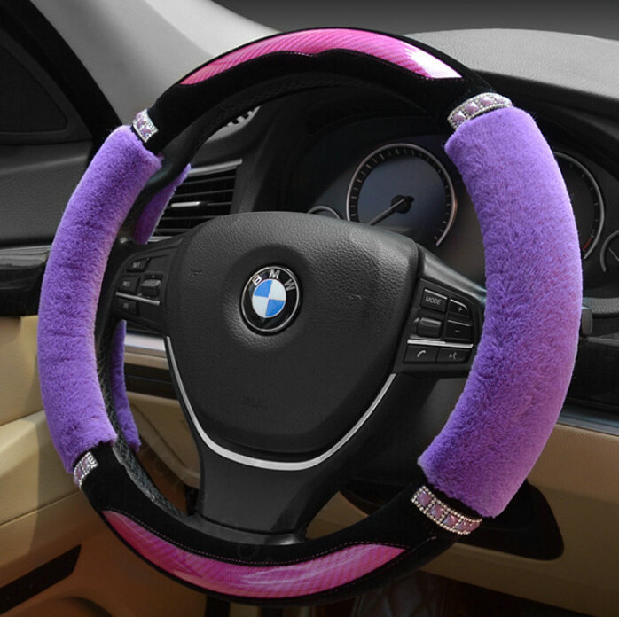 Luxury Diamond Carbon Fiber Skin Car Steering Wheel Wrap Velvet 15 Inch 38CM - Purple