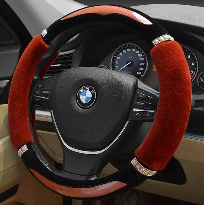 Luxury Diamond Carbon Fiber Skin Car Steering Wheel Wrap Velvet 15 Inch 38CM - Red