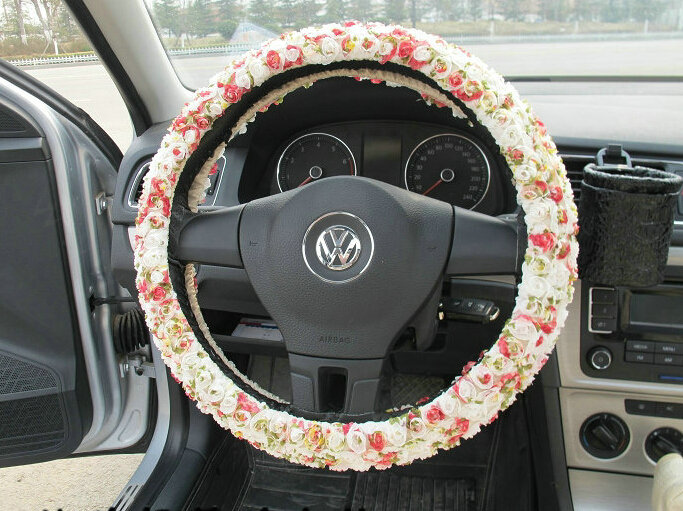 Luxury Floral Car Steering Wheel Cover Bud Silk Fiber Cloth 15 Inch 38CM - Color