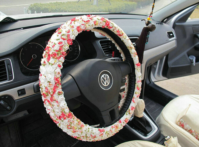 Luxury Floral Car Steering Wheel Cover Bud Silk Fiber Cloth 15 Inch 38CM - Color