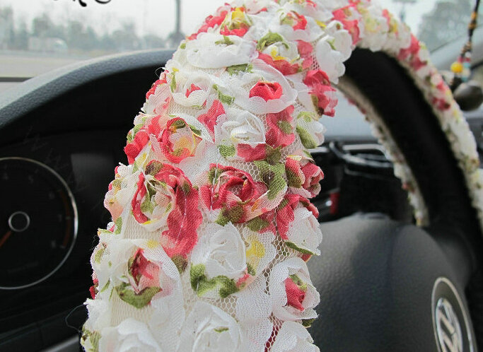 Luxury Floral Car Steering Wheel Cover Bud Silk Fiber Cloth 15 Inch 38CM - Color