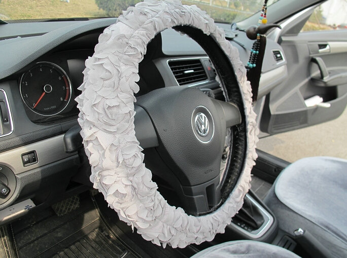 Luxury Floral Car Steering Wheel Cover Bud Silk Fiber Cloth 15 Inch 38CM - Grey