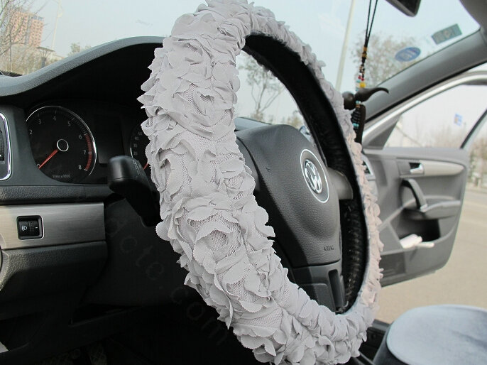 Luxury Floral Car Steering Wheel Cover Bud Silk Fiber Cloth 15 Inch 38CM - Grey