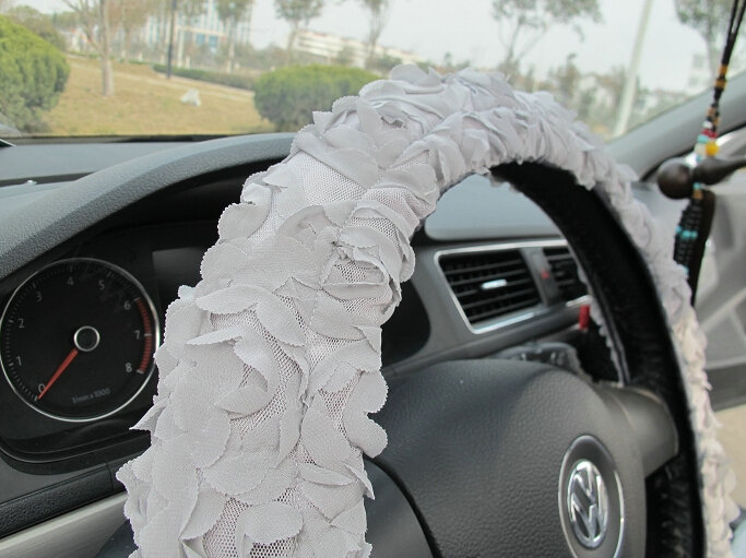 Luxury Floral Car Steering Wheel Cover Bud Silk Fiber Cloth 15 Inch 38CM - Grey