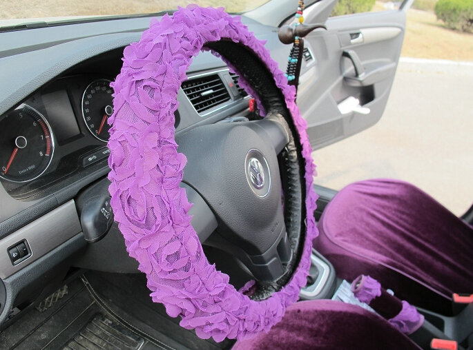 Luxury Floral Car Steering Wheel Cover Bud Silk Fiber Cloth 15 Inch 38CM - Purple