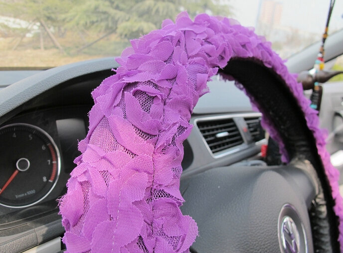 Luxury Floral Car Steering Wheel Cover Bud Silk Fiber Cloth 15 Inch 38CM - Purple
