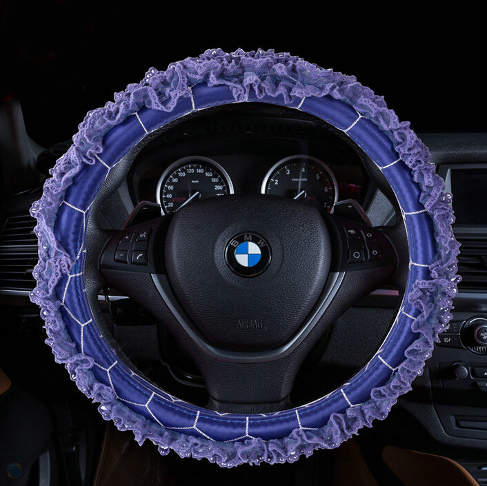 Luxury Floral Lace Car Steering Wheel Cover Bud Silk Fiber Cloth 15 Inch 38CM - Purple