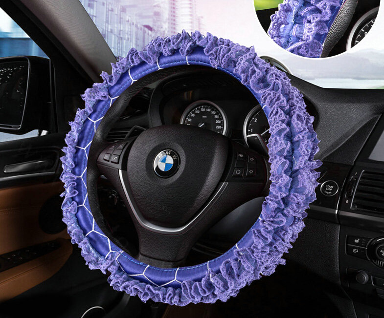 Luxury Floral Lace Car Steering Wheel Cover Bud Silk Fiber Cloth 15 Inch 38CM - Purple
