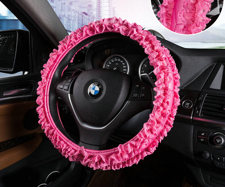 Luxury Floral Lace Car Steering Wheel Cover Bud Silk Fiber Cloth 15 Inch 38CM - Rose