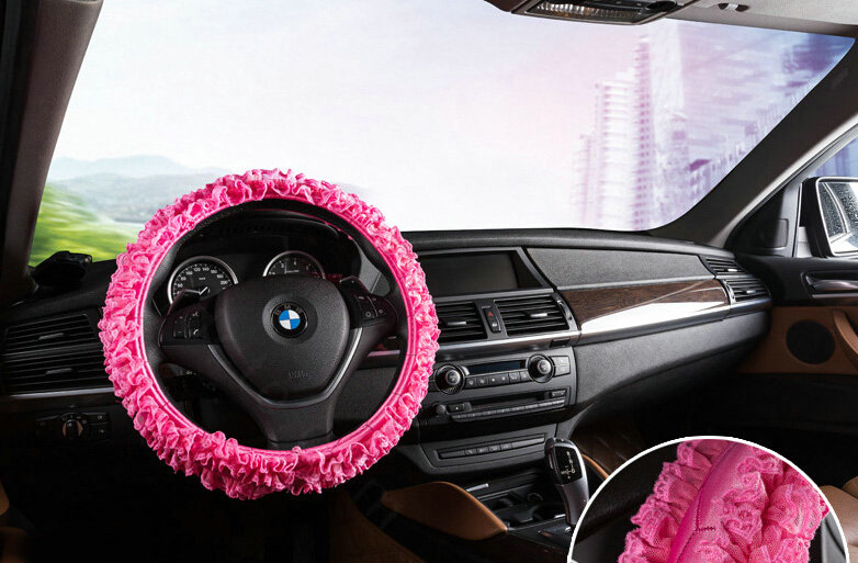 Luxury Floral Lace Car Steering Wheel Cover Bud Silk Fiber Cloth 15 Inch 38CM - Rose