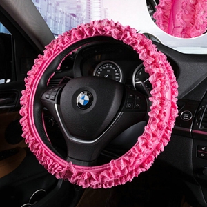 Luxury Floral Lace Car Steering Wheel Cover Bud Silk Fiber Cloth 15 Inch 38CM - Rose