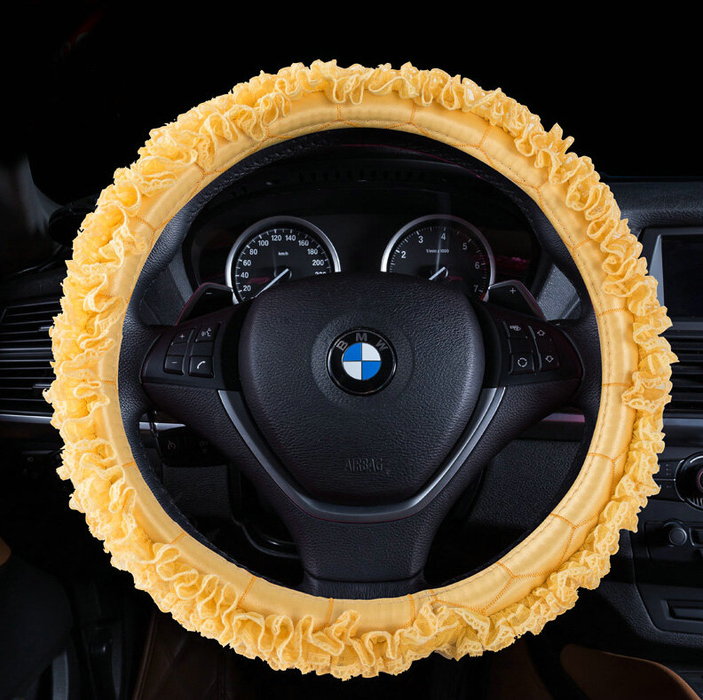 Luxury Floral Lace Car Steering Wheel Cover Bud Silk Fiber Cloth 15 Inch 38CM - Yellow