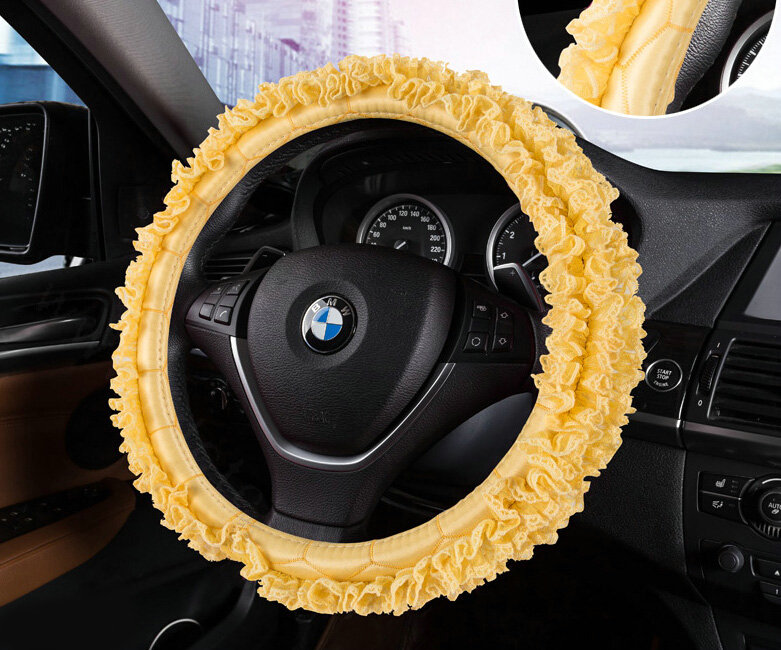 Luxury Floral Lace Car Steering Wheel Cover Bud Silk Fiber Cloth 15 Inch 38CM - Yellow