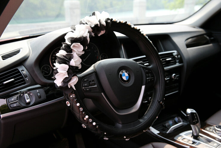 Miju Floral Car Steering Wheel Cover Bud Silk Genuine Leather 14 Inch 36CM - Black