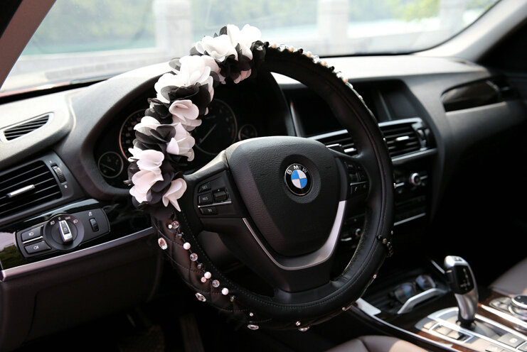 Miju Floral Car Steering Wheel Cover Bud Silk Genuine Leather 15 Inch 38CM - Black