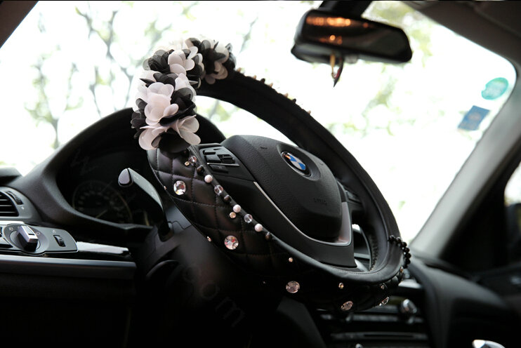 Miju Floral Car Steering Wheel Cover Bud Silk Genuine Leather 15 Inch 38CM - Black