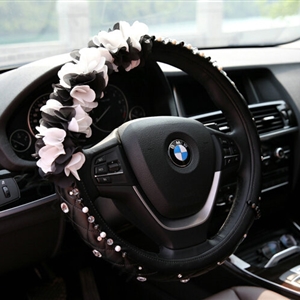 Miju Floral Car Steering Wheel Cover Bud Silk Genuine Leather 15 Inch 38CM - Black