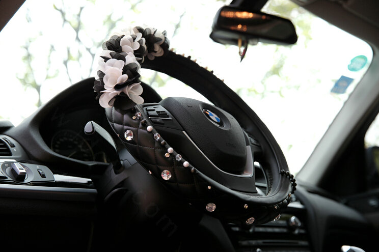 Miju Floral Car Steering Wheel Cover Bud Silk Genuine Leather 16 Inch 40CM - Black