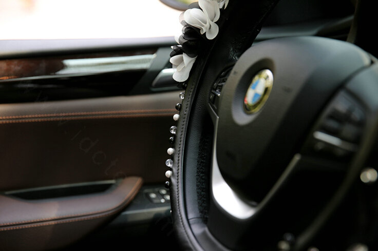 Miju Floral Car Steering Wheel Cover Bud Silk Genuine Leather 16 Inch 40CM - Black