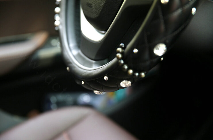 Miju Floral Car Steering Wheel Cover Bud Silk Genuine Leather 16 Inch 40CM - Black