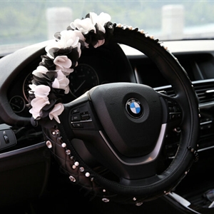 Miju Floral Car Steering Wheel Cover Bud Silk Genuine Leather 16 Inch 40CM - Black