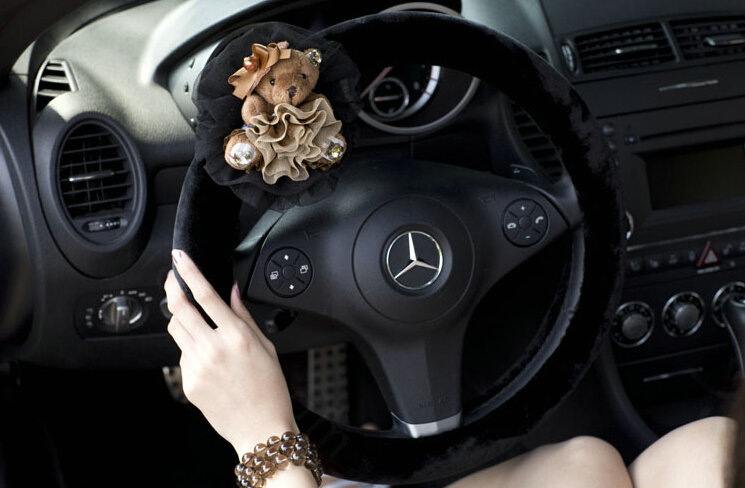 Miju Teddy Bear Car Steering Wheel Cover Bud Silk Wool 14 Inch 36CM - Black