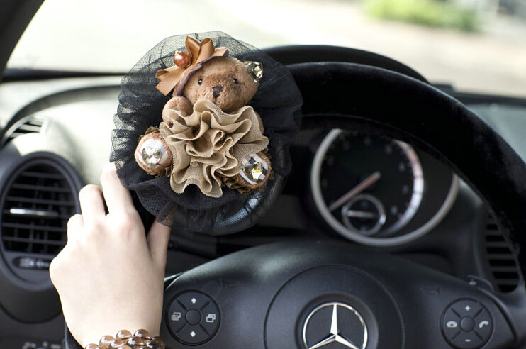 Miju Teddy Bear Car Steering Wheel Cover Bud Silk Wool 14 Inch 36CM - Black