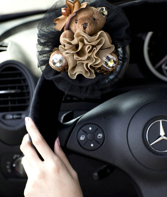 Miju Teddy Bear Car Steering Wheel Cover Bud Silk Wool 14 Inch 36CM - Black