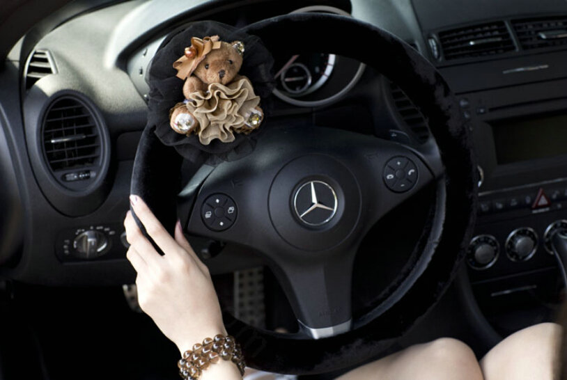 Miju Teddy Bear Car Steering Wheel Cover Bud Silk Wool 15 Inch 38CM - Black