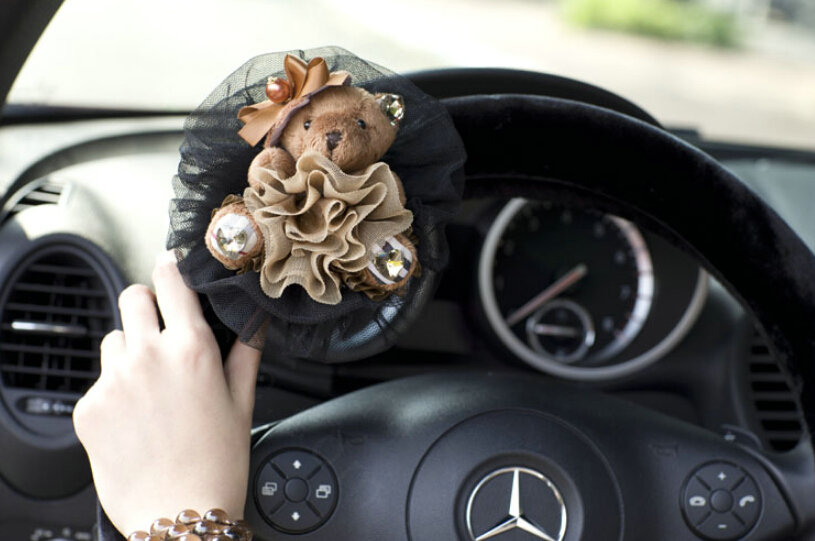 Miju Teddy Bear Car Steering Wheel Cover Bud Silk Wool 15 Inch 38CM - Black