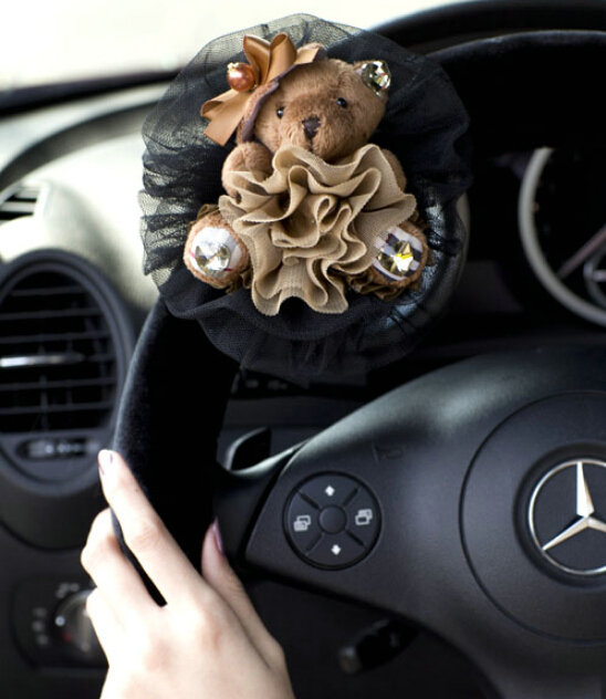 Miju Teddy Bear Car Steering Wheel Cover Bud Silk Wool 15 Inch 38CM - Black