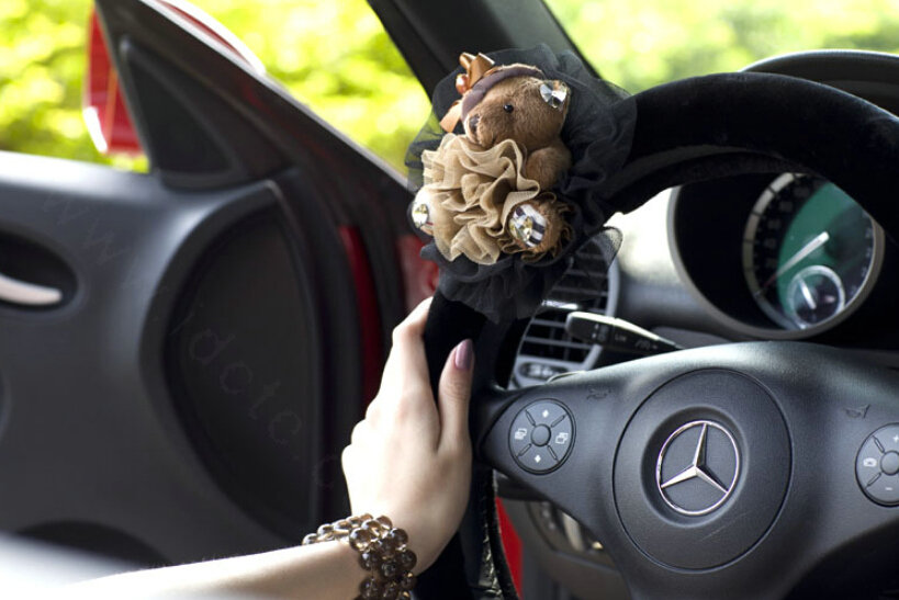 Miju Teddy Bear Car Steering Wheel Cover Bud Silk Wool 16 Inch 40CM - Black