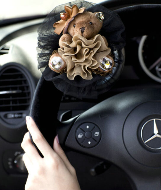 Miju Teddy Bear Car Steering Wheel Cover Bud Silk Wool 16 Inch 40CM - Black