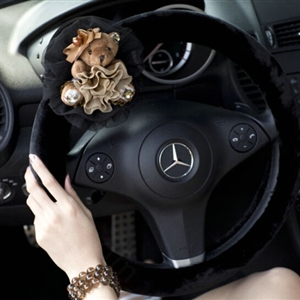 Miju Teddy Bear Car Steering Wheel Cover Bud Silk Wool 16 Inch 40CM - Black
