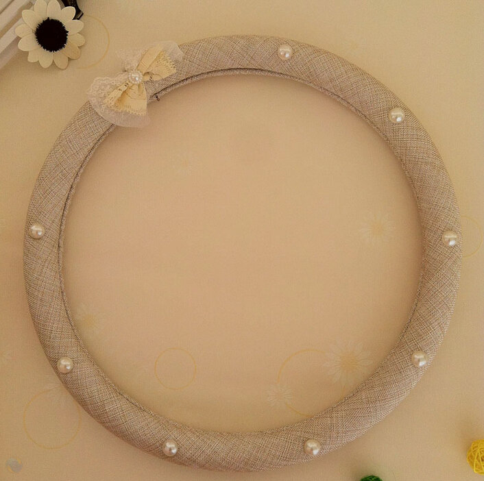 Pearl Bowknot Car Steering Wheel Cover Bud Silk Fiber Cloth 15 Inch 38CM - Beige