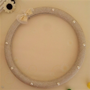 Pearl Bowknot Car Steering Wheel Cover Bud Silk Fiber Cloth 15 Inch 38CM - Beige