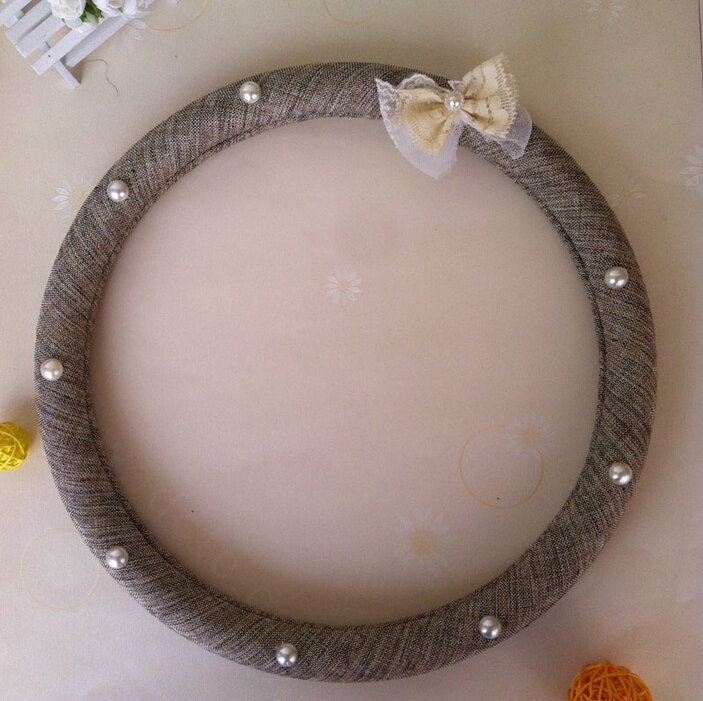 Pearl Bowknot Car Steering Wheel Cover Bud Silk Fiber Cloth 15 Inch 38CM - Coffee