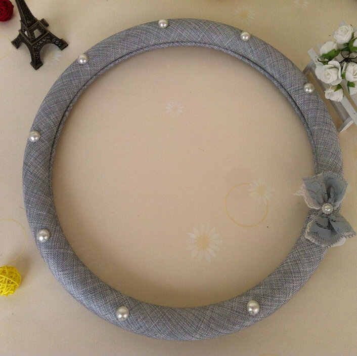 Pearl Bowknot Car Steering Wheel Cover Bud Silk Fiber Cloth 15 Inch 38CM - Grey