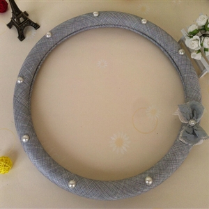 Pearl Bowknot Car Steering Wheel Cover Bud Silk Fiber Cloth 15 Inch 38CM - Grey