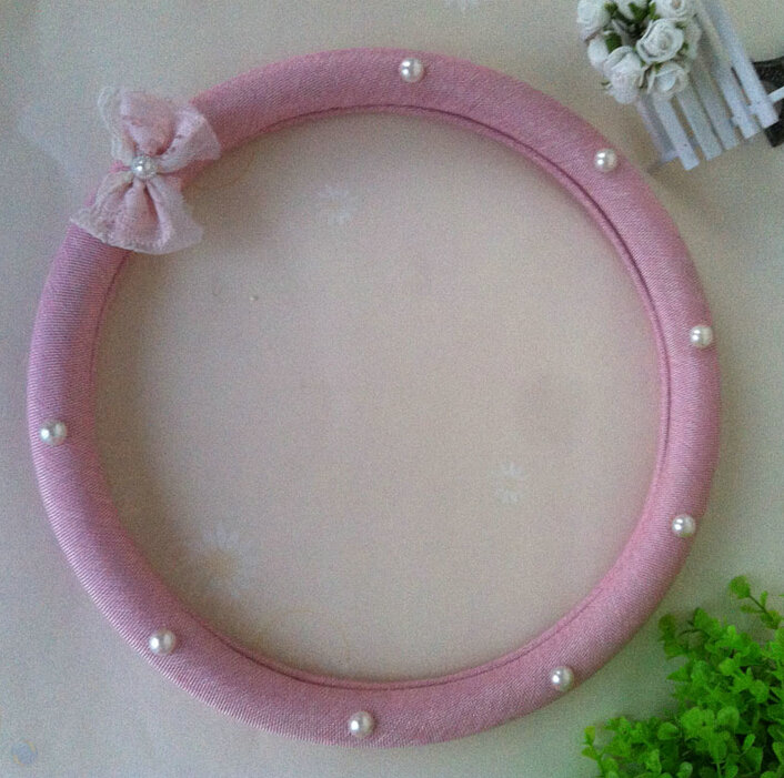 Pearl Bowknot Car Steering Wheel Cover Bud Silk Fiber Cloth 15 Inch 38CM - Pink