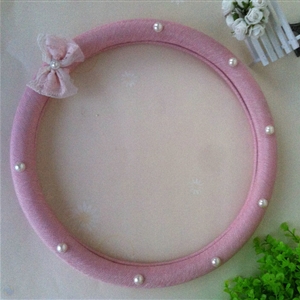 Pearl Bowknot Car Steering Wheel Cover Bud Silk Fiber Cloth 15 Inch 38CM - Pink