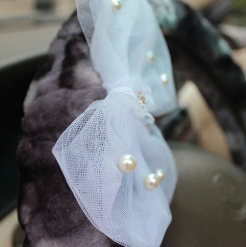 Pearl Bud Silk Bowknot Car Steering Wheel Cover Velvet 15 Inch 38CM - Brown