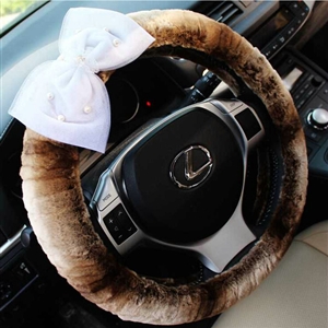 Pearl Bud Silk Bowknot Car Steering Wheel Cover Velvet 15 Inch 38CM - Brown