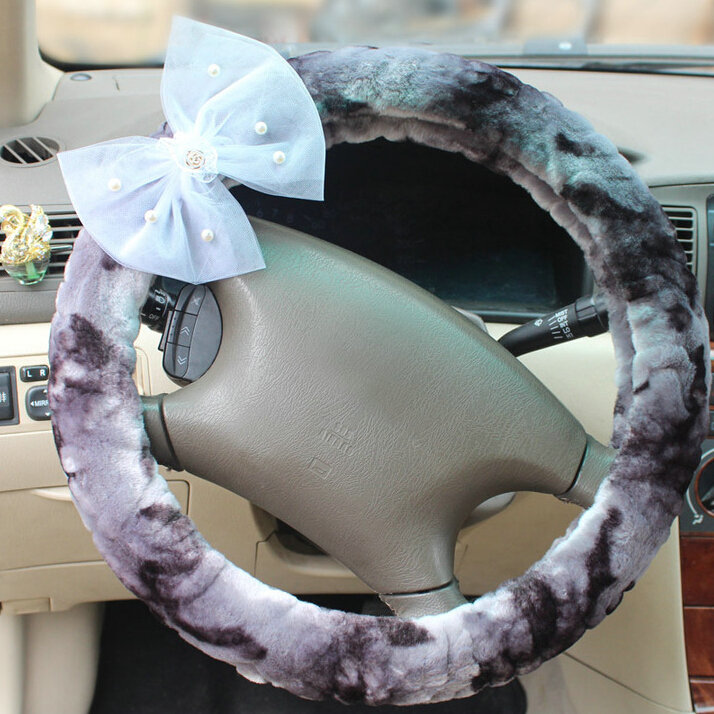 Pearl Bud Silk Bowknot Car Steering Wheel Cover Velvet 15 Inch 38CM - Purple
