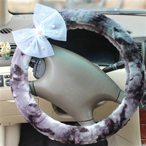 Pearl Bud Silk Bowknot Car Steering Wheel Cover Velvet 15 Inch 38CM - Purple
