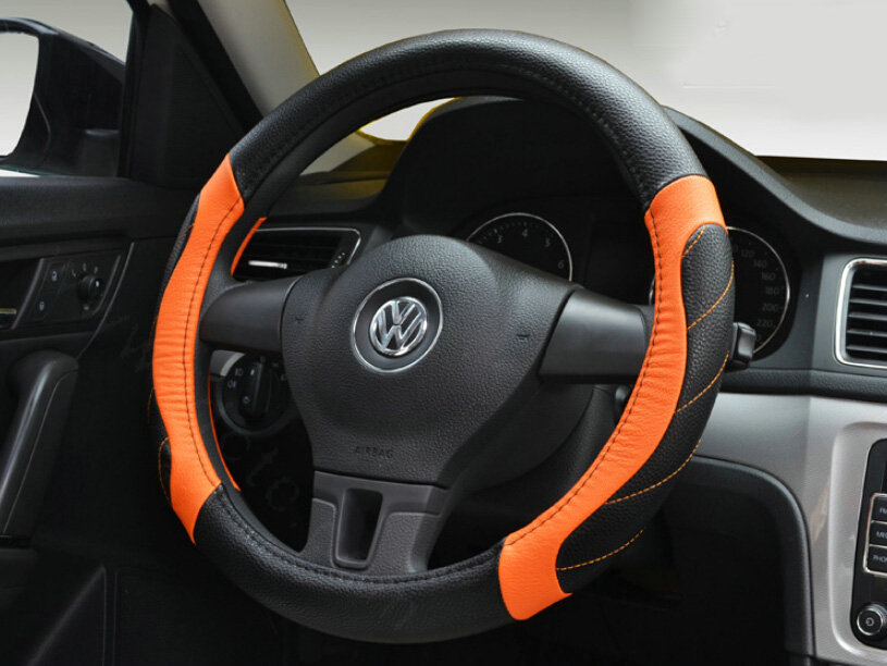 Personalized Car Steering Wheel Covers Genuine Leather 15 Inch 38CM - Black Orange