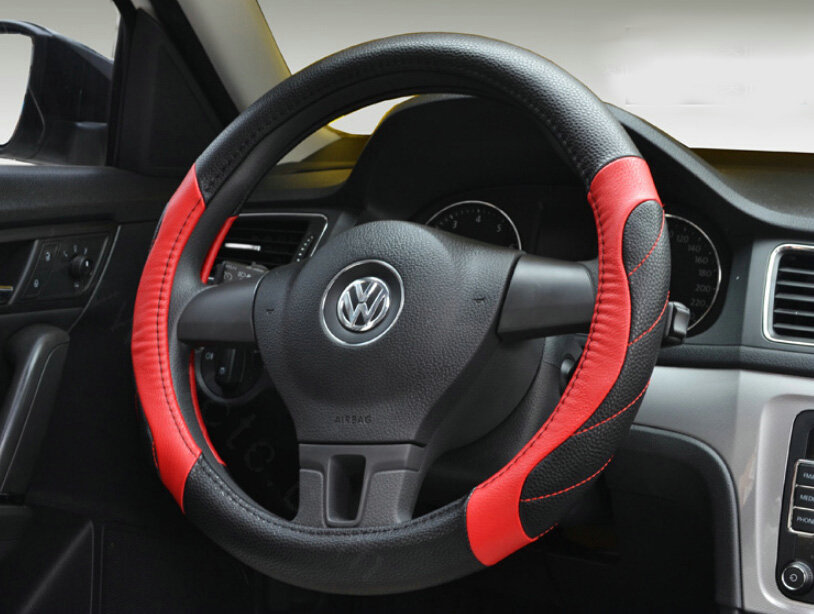 Personalized Car Steering Wheel Covers Genuine Leather 15 Inch 38CM - Black Red